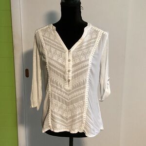 Democracy White Blouse with Button  and Embroidery Accents